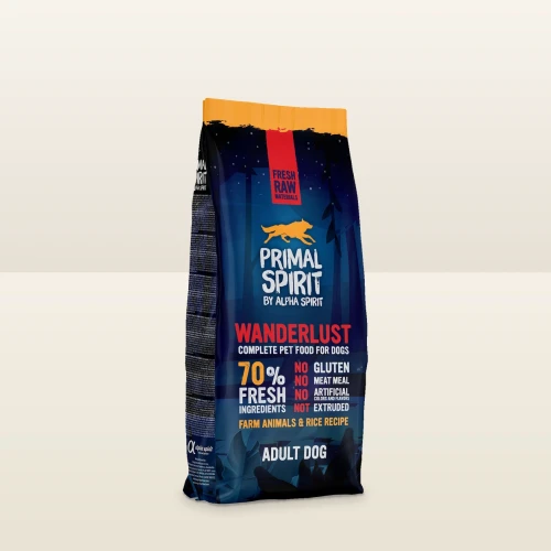 Worek karmy półwilgotnej Primal Spirit Wanderlust 12 kg na jasnym tle.