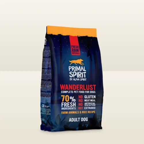 Worek karmy półwilgotnej Primal Spirit Wanderlust 1 kg na jasnym tle.