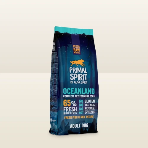 Worek karmy półwilgotnej Primal Spirit Oceanland 12 kg na jasnym tle.