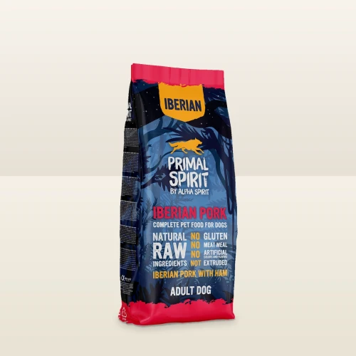 Worek karmy półwilgotnej Primal Spirit Iberian Pork 12 kg na jasnym tle.