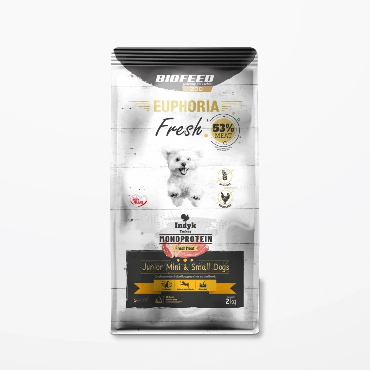 Worek 2 kg karmy Euphoria Fresh z indykiem dla szczeniąt mini i małych ras na jasnym tle.