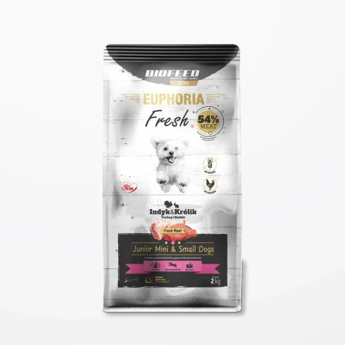 Worek 2 kg karmy Euphoria Fresh z indykiem i królikiem dla szczeniąt mini i małych ras na jasnym tle.