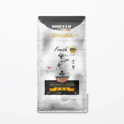 Worek 12 kg karmy Euphoria Fresh z indykiem dla szczeniąt średnich i dużych ras na jasnym tle.