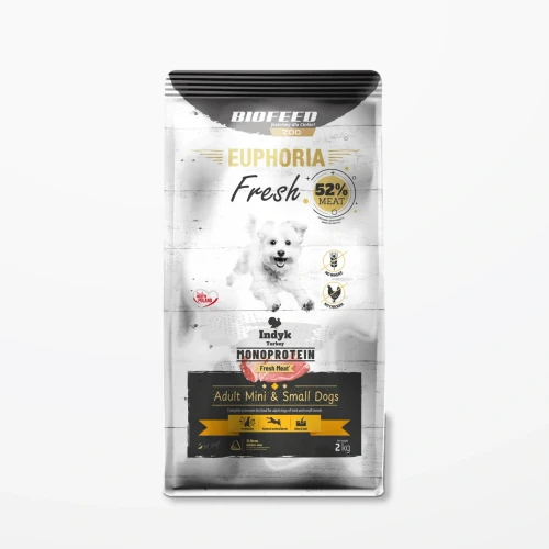 Worek 2 kg karmy Euphoria Fresh z indykiem dla dorosłych psów mini i małych ras na jasnym tle.