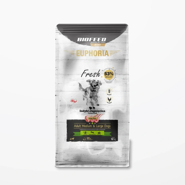 Worek 12 kg karmy Euphoria Fresh z indykiem i jagnięciną dla dorosłych psów średnich i dużych ras na jasnym tle.