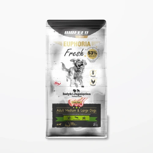 Worek 2 kg karmy Euphoria Fresh z indykiem i jagnięciną dla dorosłych psów średnich i dużych ras na jasnym tle.