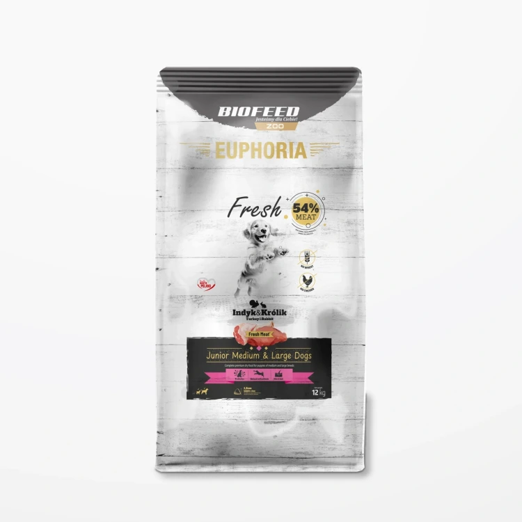 Worek 12 kg karmy Euphoria Fresh z indykiem i królikiem dla szczeniąt średnich i dużych ras na jasnym tle.