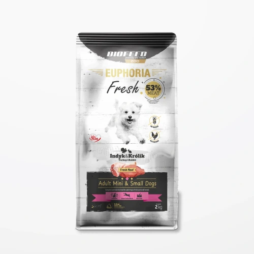 Worek 2 kg karmy Euphoria Fresh z indykiem i królikiem dla dorosłych psów mini i małych ras na jasnym tle.