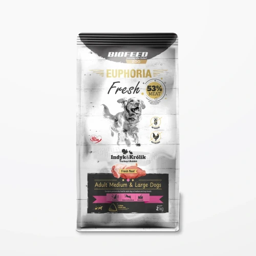 Worek 2 kg karmy Euphoria Fresh z indykiem i królikiem dla dorosłych psów średnich i dużych ras na jasnym tle.