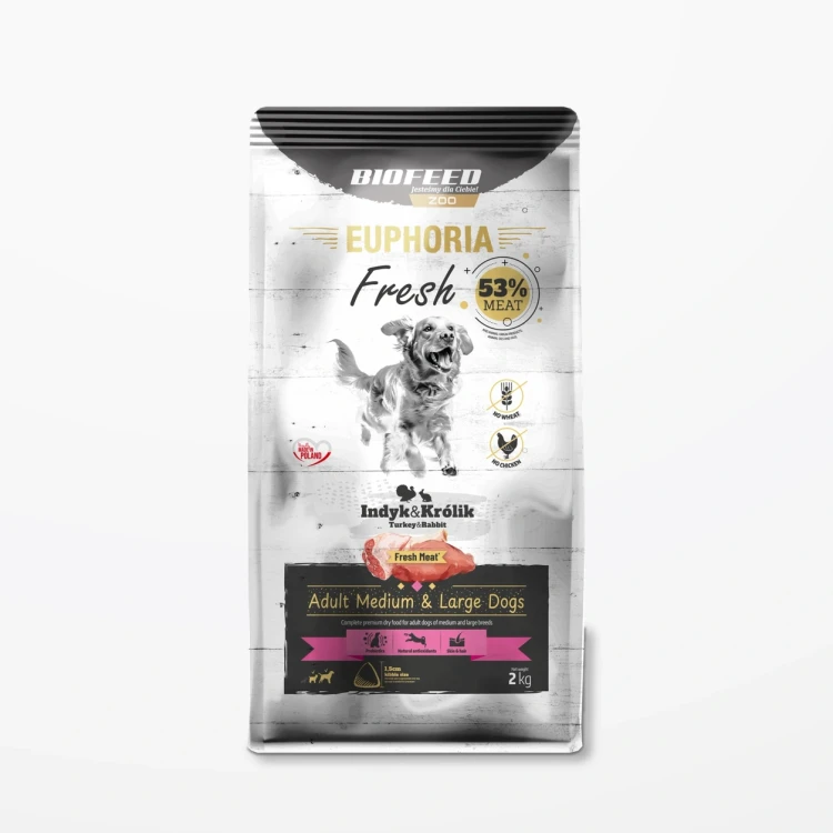 Worek 2 kg karmy Euphoria Fresh z indykiem i królikiem dla dorosłych psów średnich i dużych ras na jasnym tle.