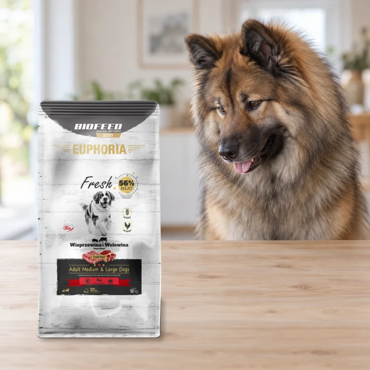 Worek 12 kg karmy Euphoria Fresh z wieprzowiną i wołowiną dla dorosłych psów średnich i dużych ras obok psa w mieszkaniu.