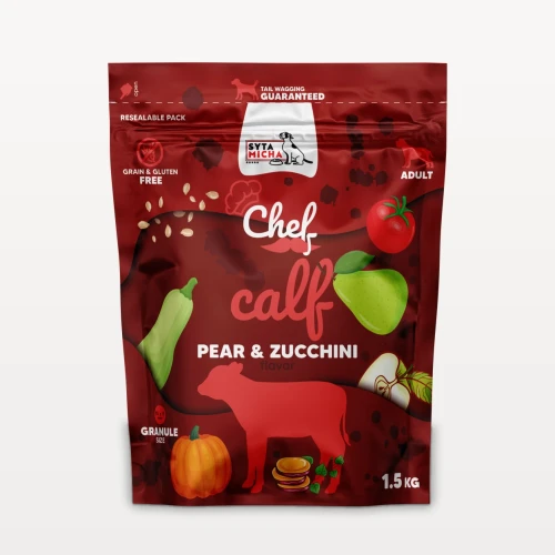 Opakowanie suchej karmy Syta Micha 1,5 kg, cielęcina, gruszka i cukinia, na jasnym tle.
