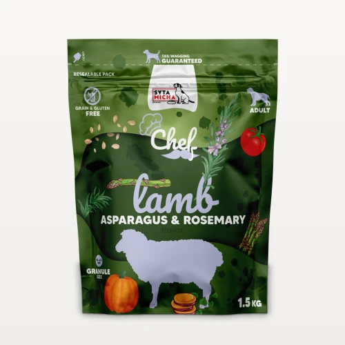 Opakowanie suchej karmy Syta Micha 1,5 kg, jagnięcina, szparagi i rozmaryn, na jasnym tle.