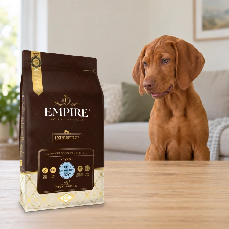 Worek karmy EMPIRE Legendary Taste Puppy Growth Diet 25+ dla szczeniąt dużych ras 12 kg obok szczeniaka wyżła węgierskiego w mieszkaniu