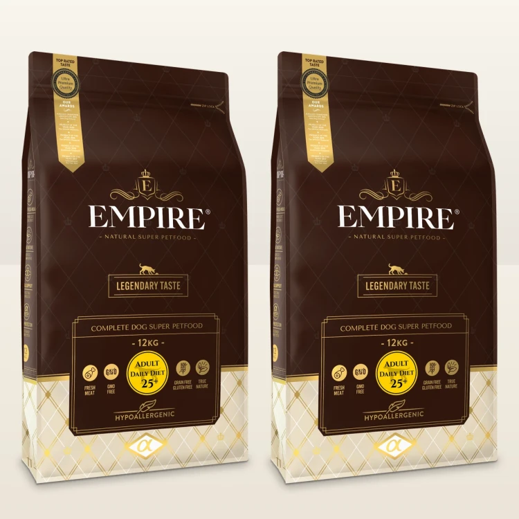 Dwa worki karmy EMPIRE Legendary Taste Adult Daily Diet 25+ dla dużych psów po 12 kg na jasnym tle