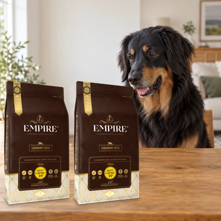 Dwa worki karmy EMPIRE Legendary Taste Adult Daily Diet 25+ dla dużych psów po 12 kg obok hovawarta w mieszkaniu