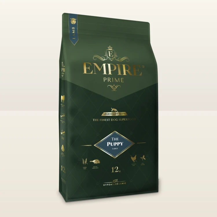 Worek karmy EMPIRE Prime Puppy 25+ dla szczeniąt dużych ras 12 kg na jasnym tle