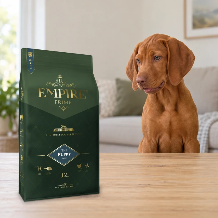 Worek karmy EMPIRE Prime Puppy 25+ dla szczeniąt dużych ras 12 kg obok szczeniaka wyżła węgierskiego w mieszkaniu