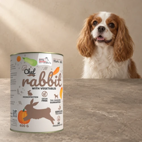 Puszka karmy Syta Micha Królik z warzywami 400 g obok psa rasy Cavalier King Charles spaniel na tle w kolorach opakowania