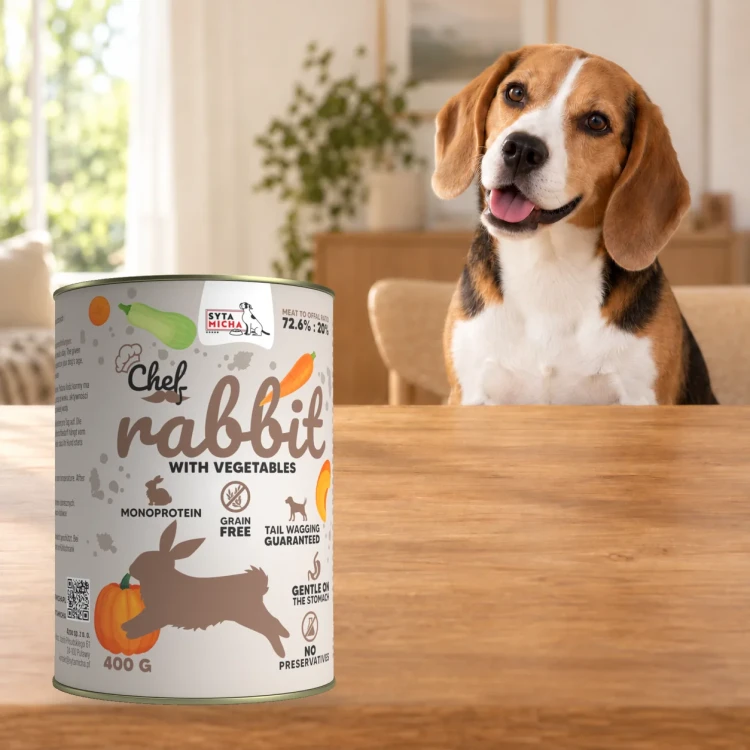 Puszka karmy Syta Micha Królik z warzywami 400 g obok psa rasy Beagle w mieszkaniu