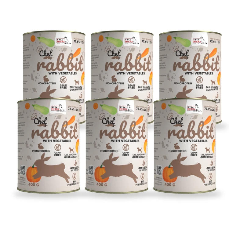 Sześć puszek karmy Syta Micha Królik z warzywami 6 × 400 g na jasnym tle