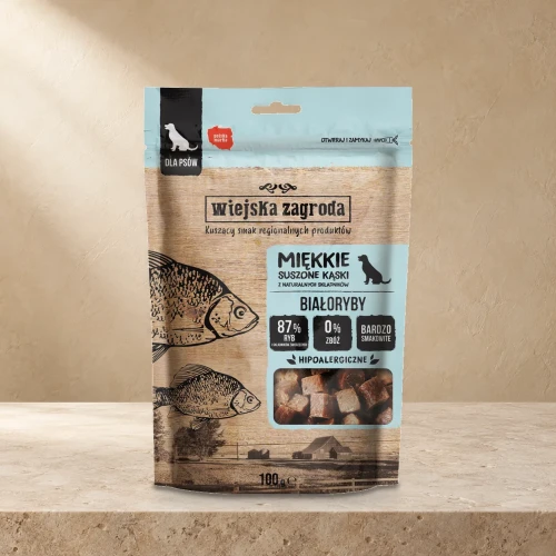Przysmaki Wiejska Zagroda białoryby 100 g na jasnym blacie