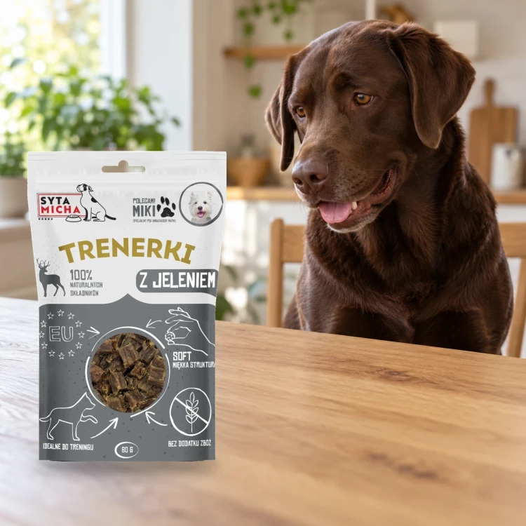 Trenerki Syta Micha z jeleniem 80 g obok psa w domu.
