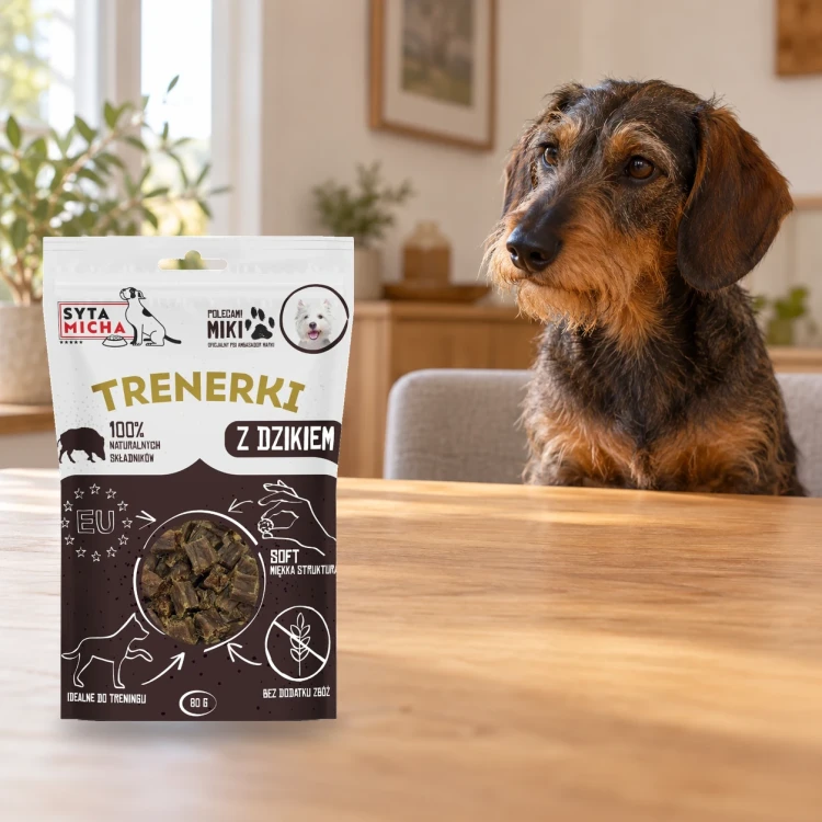 Trenerki Syta Micha z dzikiem 80 g obok psa w domu.
