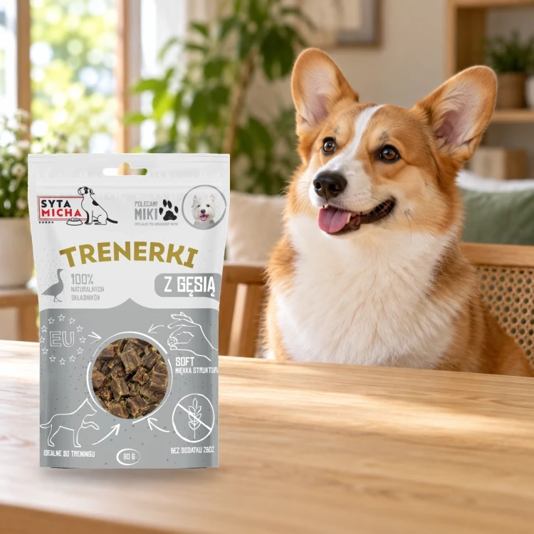 Trenerki Syta Micha z gęsią 80 g obok psa w domu.