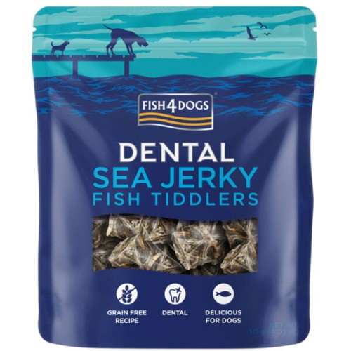 Niebiesko-turkusowe opakowanie Fish4Dogs Sea Jerky Fish Tiddlers z okienkiem pokazującym przysmaki