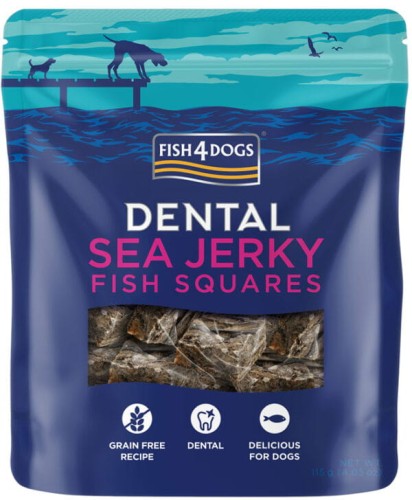 Niebieska torebka Fish4Dogs Sea Jerky Fish Squares z różowymi napisami i przezroczystym okienkiem