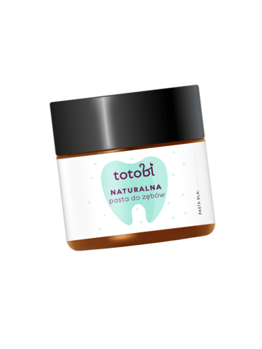 Brązowy słoiczek pasty do zębów Totobi z szeroką czarną zakrętką i białą etykietą