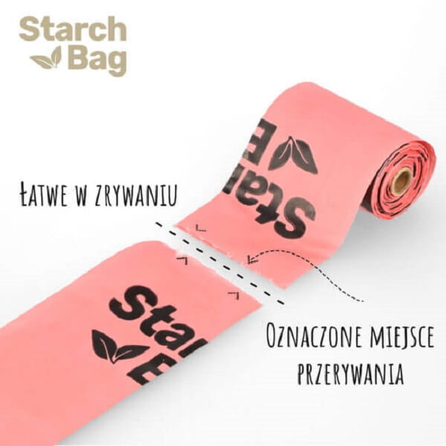 Rozwinięte różowe worki StarchBag ze strzałkami wskazującymi miejsce odrywania kolejnego woreczka