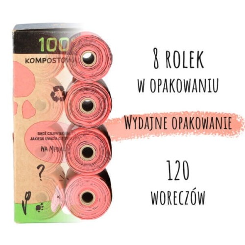Różowe rolki StarchBag przy pudełku z informacją o ośmiu rolkach i 120 woreczkach w opakowaniu