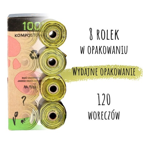 Zielone rolki StarchBag obok pudełka i napisu informującego o ośmiu rolkach oraz 120 woreczkach