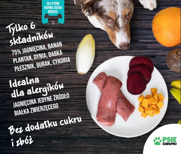Grafika Tales & Tails z talerzem mięsa i warzyw oraz informacjami o składnikach receptury z jagnięciną