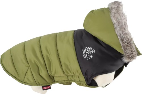Pikowana kurtka Zolux Mountain w kolorze khaki, z czarną częścią przy karku i kapturem obszytym futerkiem