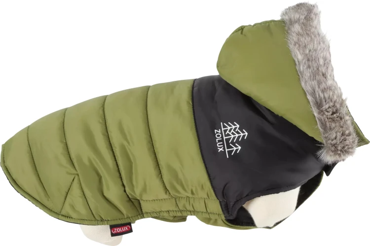 Pikowana kurtka Zolux Mountain w kolorze khaki, z czarną częścią przy karku i kapturem obszytym futerkiem