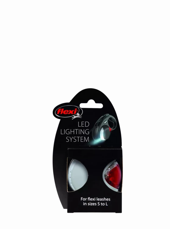Lampka Flexi LED Lighting System na czarnej zawieszce z ilustracjami białego i czerwonego światła
