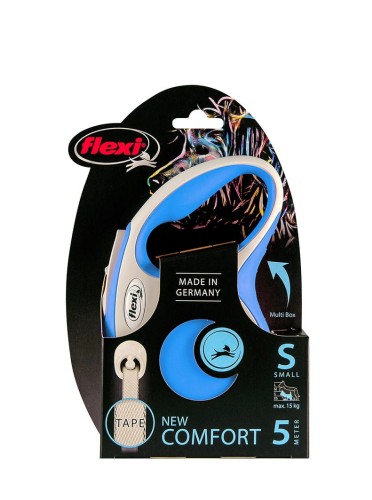 Flexi New Comfort S – niebieska smycz automatyczna, taśma 5 m