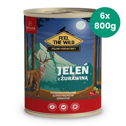 Zestaw-6-puszek-800g-karmy-mokrej-monoproteinowej-dla-psa-Jeleń-z-żurawiną-Pokusa-Feel-The-Wild.webp