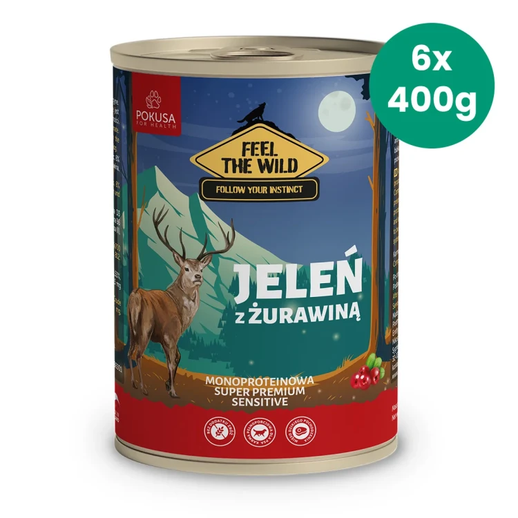 Zestaw-6-puszek-400g-karmy-mokrej-monoproteinowej-dla-psa-Jeleń-z-żurawiną-Pokusa-Feel-The-Wild.webp