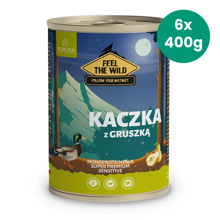 Zestaw-6-puszek-400g-karmy-mokrej-monoproteinowej-dla-psa-Kaczka-z-Gruszką-Pokusa-Feel-The-Wild.webp