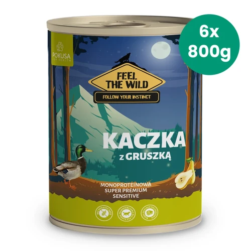 Zestaw-6-puszek-800g-karmy-mokrej-monoproteinowej-dla-psa-Kaczka-z-Gruszką-Pokusa-Feel-The-Wild.webp