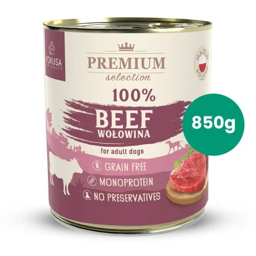 Puszka Pokusa Premium Selection 100% Beef z bordową etykietą i zielonym oznaczeniem 850 g
