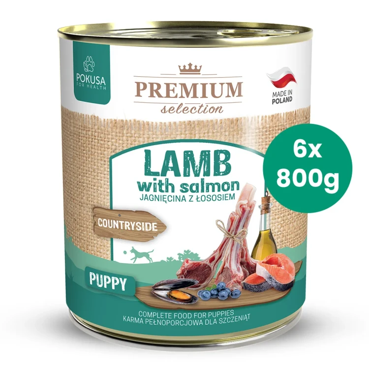 Zestaw-6-Puszek-800g-Jagnięcina-z-Łososiem-Pokusa-Premium-Selection-karma-mokra-dla-psich-szczeniąt.webp