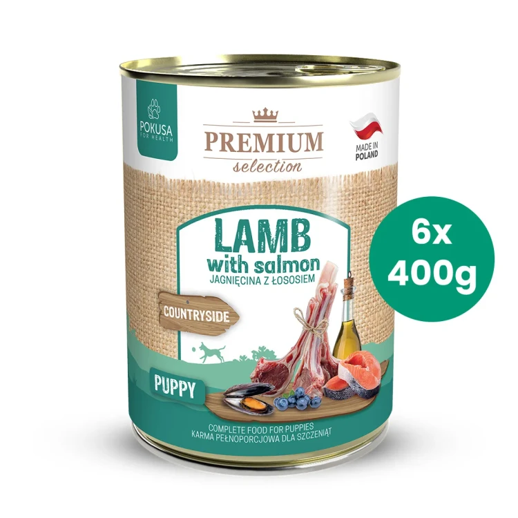 Zestaw-6-Puszek-400g-Jagnięcina-z-Łososiem-Pokusa-Premium-Selection-karma-mokra-dla-psich-szczeniąt.webp