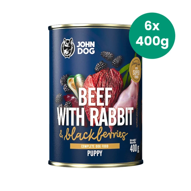 Zestaw-6-Puszek-400g-Wołowina-z-Królikiem-i-Jeżynami-John-Dog-Berry-Line-karma-mokra-dla-psich-szczeniąt.webp