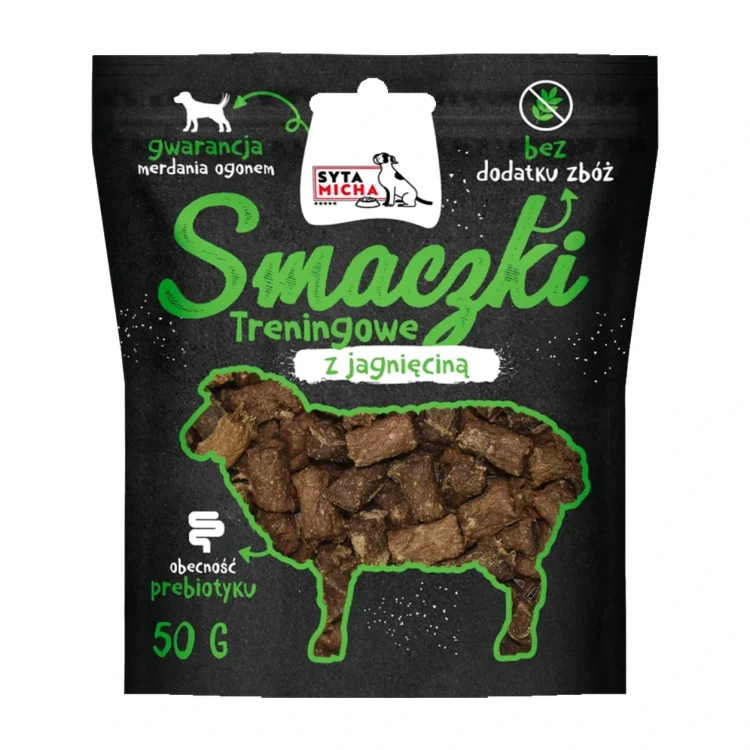 Saszetka smaczków treningowych Syta Micha z jagnięciną 50 g na białym tle.