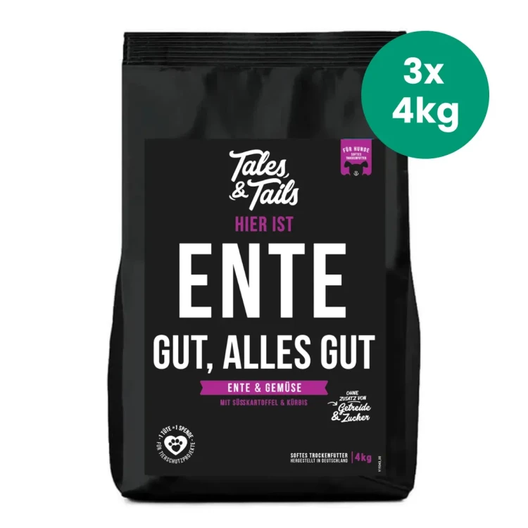 Tales & Tails kaczka 12 kg – karma półwilgotna, zestaw 3 × 4 kg